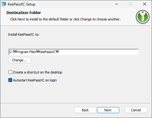 การเลือกเส้นทางการติดตั้ง KeePassXC และการตั้งค่าตัวเลือกเริ่มต้นอัตโนมัติ