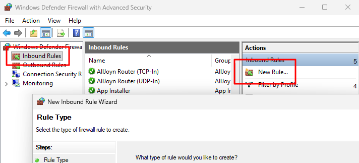การสร้าง inbound rule ใหม่ใน Windows Defender Firewall
