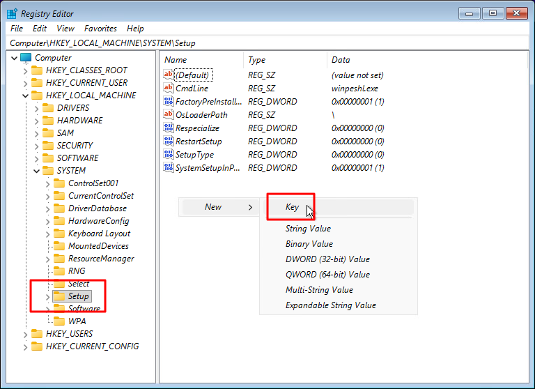 สร้าง Key ใหม่ภายใต้ Setup ใน Registry Editor