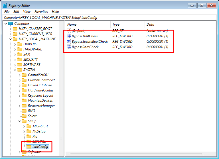 Registry LabConfig ที่กำหนดค่าการข้าม TPM แล้ว