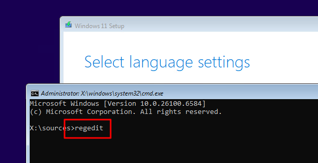 เปิด Registry Editor จาก Command Prompt ระหว่างการติดตั้ง Windows 11