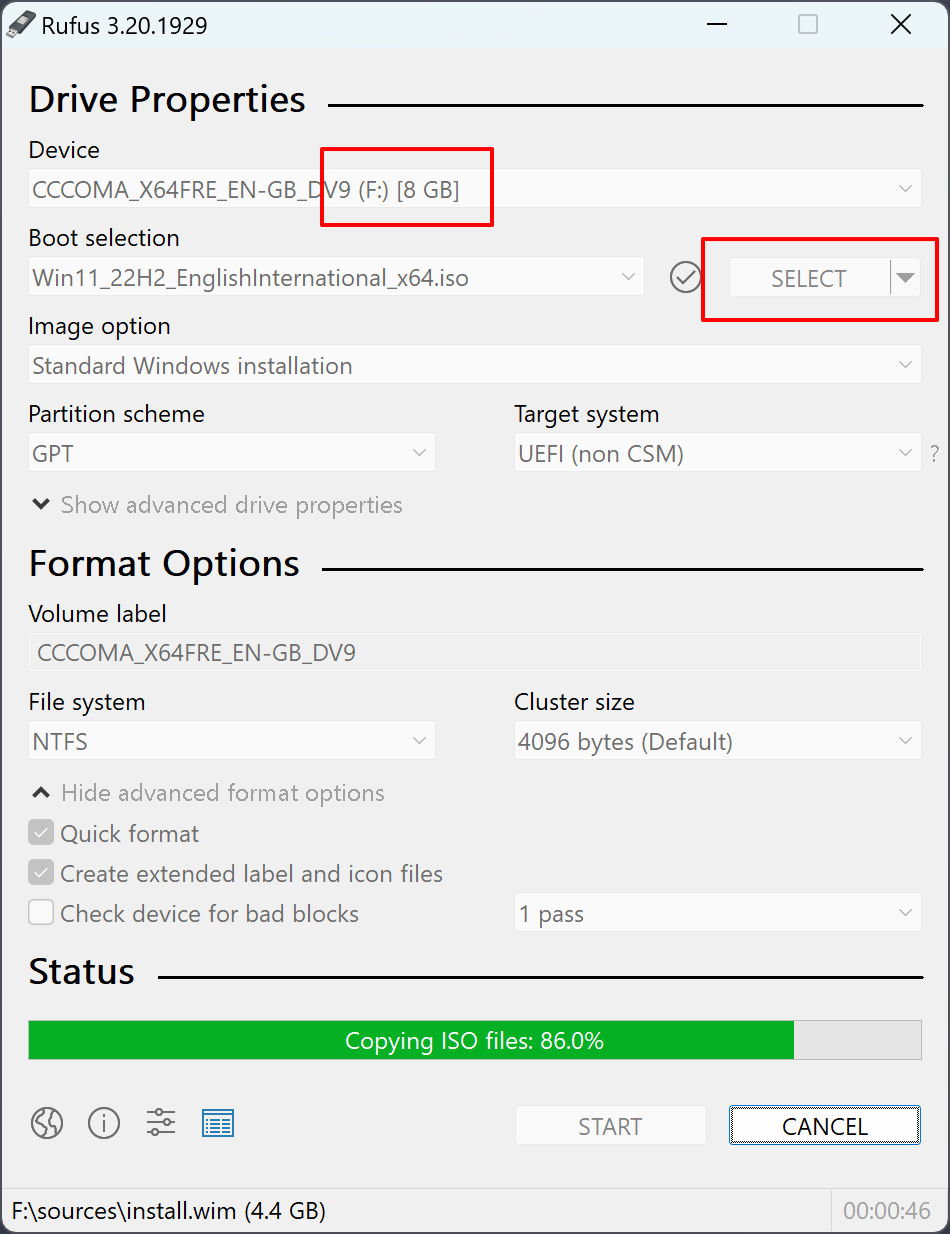 หน้าจอการตั้งค่าหลัก Rufus